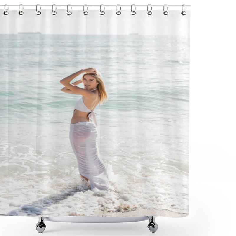 Personality  A Young Blonde Woman Standing Confidently On A Miami Beach, Overlooking The Vast Ocean Waves On A Sunny Day. Shower Curtains