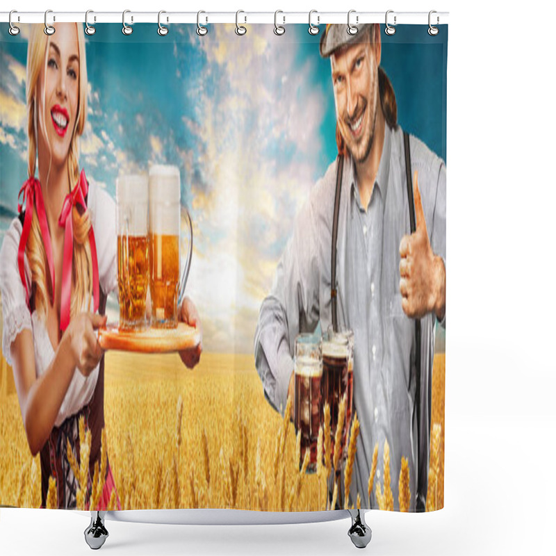 Personality  Portrait Of Oktoberfest Man And Woman, Wearing A Traditional Bavarian Clothes, Serving Big Beer Mugs. Shower Curtains