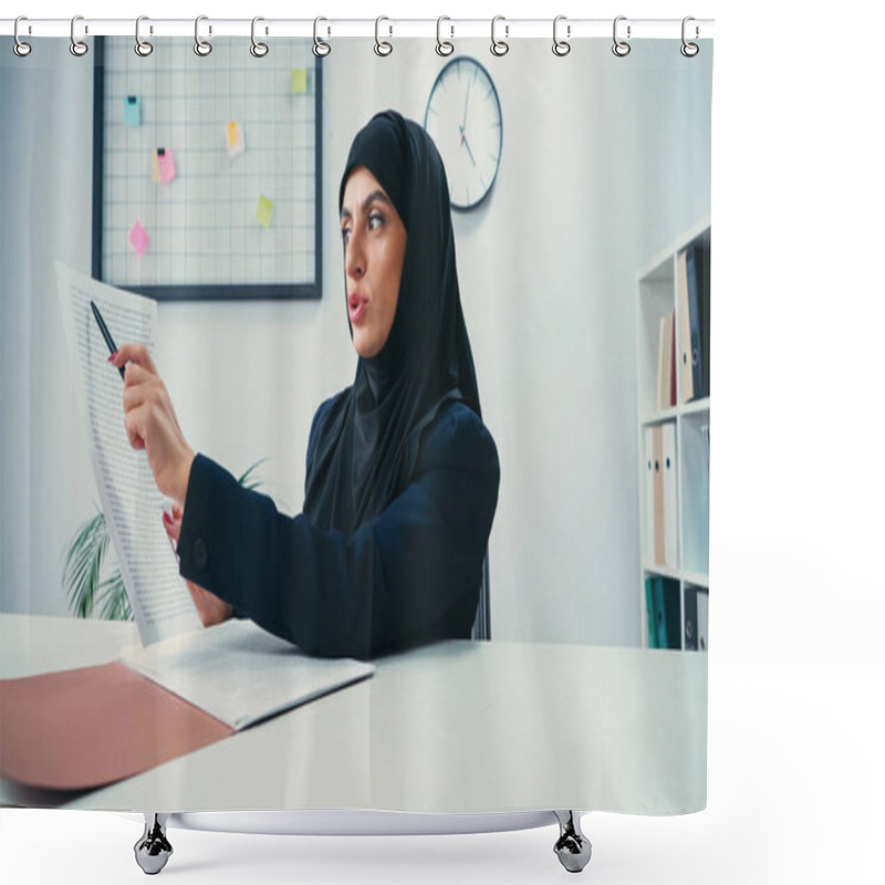 Personality  Muslim Businesswoman In Hijab Pointing With Pen At Document In Modern Office  Shower Curtains