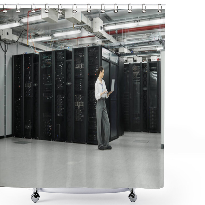 Personality  Professional Woman Works Diligently In A Sleek Server Room Overseeing Digital Operations. Shower Curtains