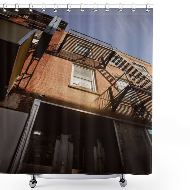 Personality  Low Angle View Of Red Brick Building With Fire Escape Stairs In New York City, Vintage Architecture Shower Curtains