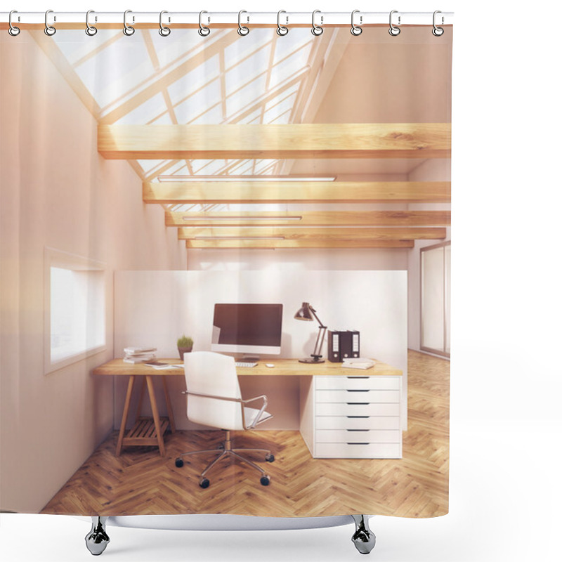 Personality  Sunlit Office In Attic With Windows Shower Curtains