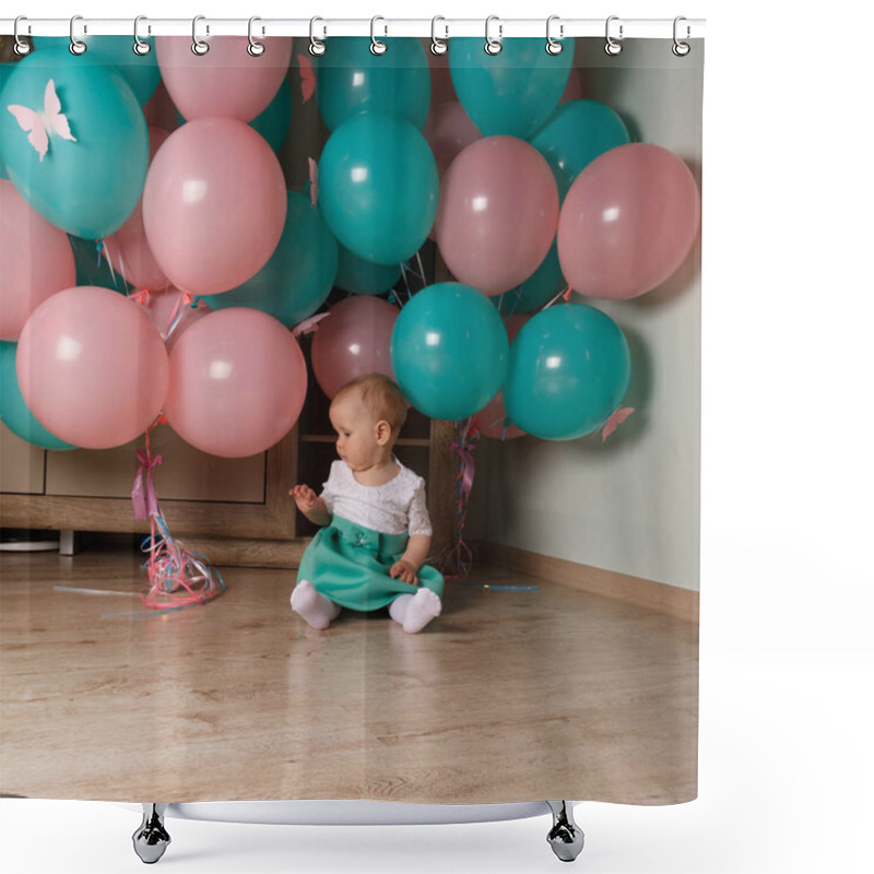 Personality  Little Girl Sitting On The Floor In The Room Next To The Balloons,first Birthday, Celebrate. One Year Old Blue And Pink Balls With Butterflies. Girl In White And Blue Dress Shower Curtains