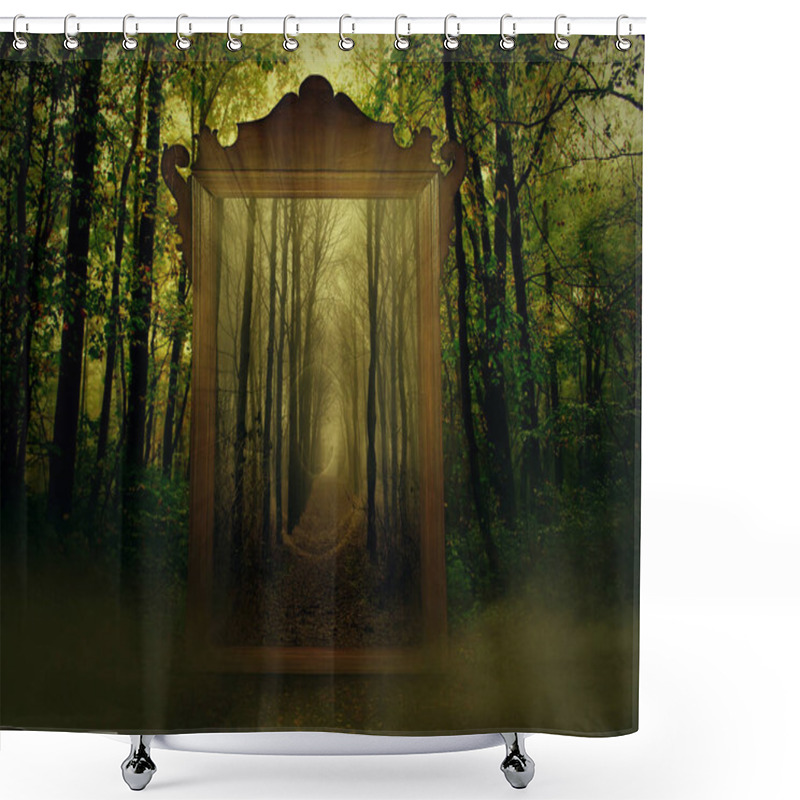 Personality  Mysterious Magical Mirror In A Wood. Dark Fantasy Concept Artistic Design Raster Illustration. Mirror Magical, Fortune Telling And Fulfillment Of Desires. Shower Curtains