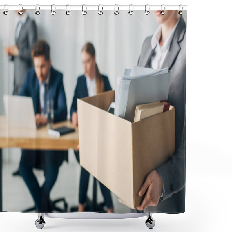 Personality  Selective Focus Of Fired Woman Holding Cardboard Box With Book And Papers In Office  Shower Curtains