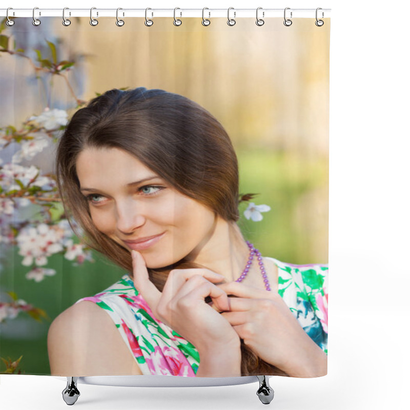 Personality  Beautiful  Brunette Woman In Blooming Orchard Shower Curtains