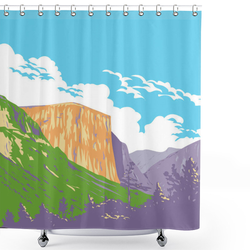 Personality  WPA Poster Art Of El Capitan Viewed From Wawona Tunnel On State Highway 41 In Yosemite National Park On North Side Of Yosemite Valley California USA In Works Project Administration Or Art Deco Style. Shower Curtains