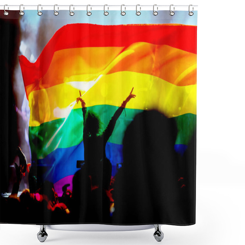 Personality  Pride Community At A Parade With Hands Raised And The LGBT Flag  Shower Curtains