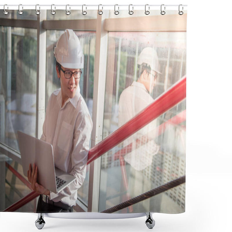 Personality  Young Asian Engineer Or Architect Working With Laptop Shower Curtains