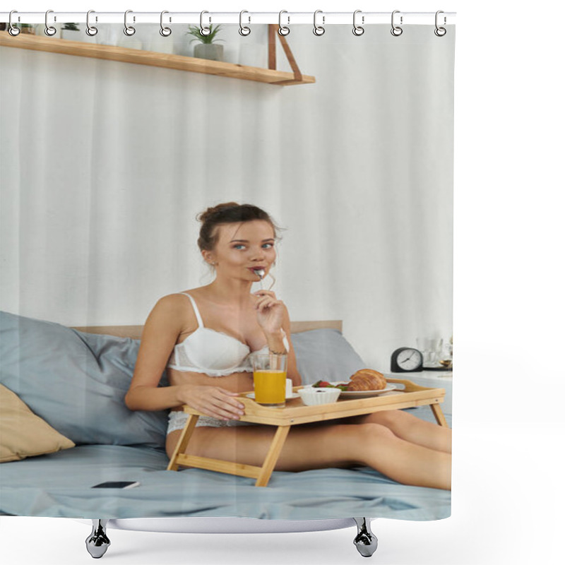 Personality  A Young Woman Enjoys A Delightful Breakfast While Relaxing In Lingerie. Shower Curtains