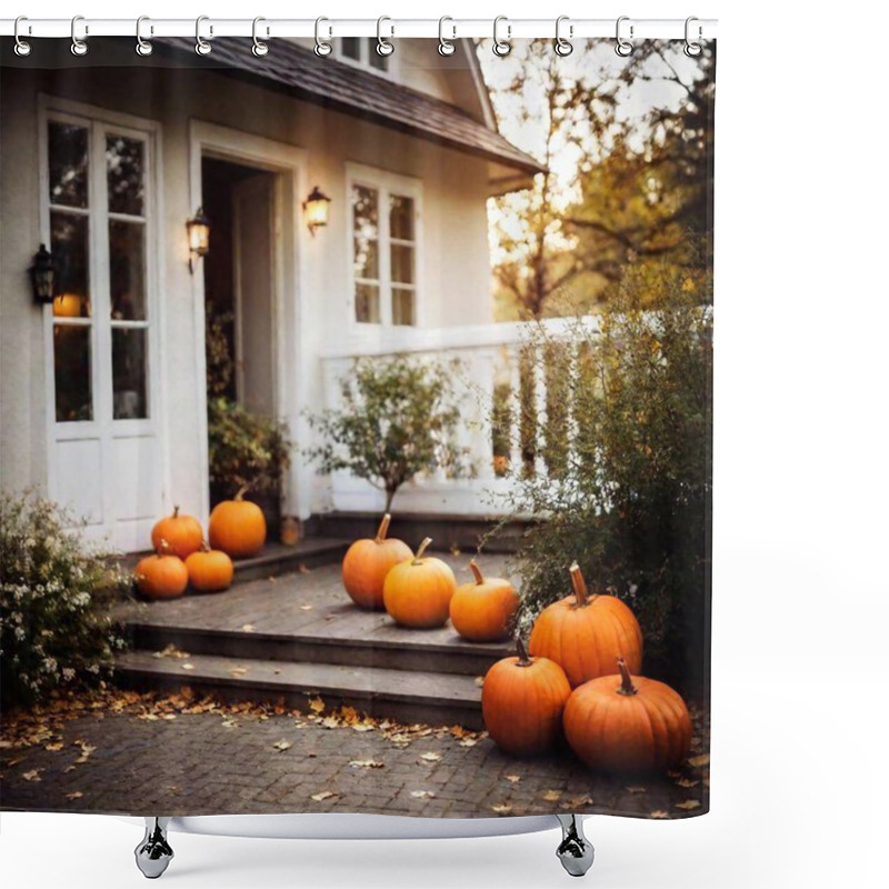 Personality  Halloween House Decorations Outside With Candles And Pumpkins In Analog Film Style Shower Curtains