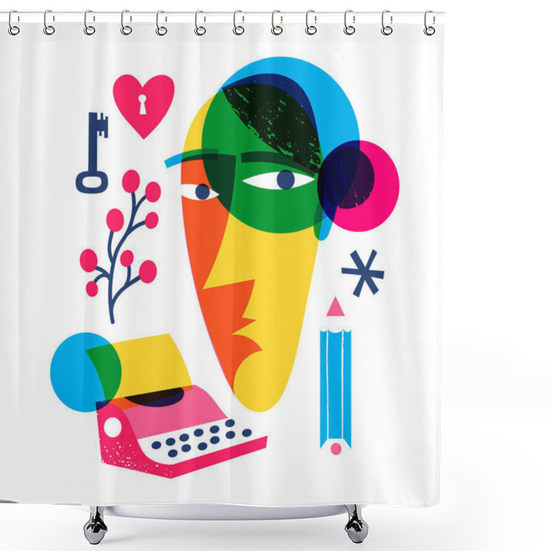 Personality  Abstract Writer Woman Portrait. Modern Style Line Art Femail Poet Portrait. Print Design With Beautiful Woman And Bright Colors. Contemporary Female Silhouette Face. Surrealistic Art. Shower Curtains