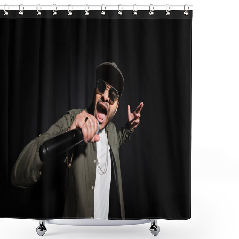 Personality  Indian Hip Hop Performer In Sunglasses And Cap Singing In Microphone On Black Shower Curtains