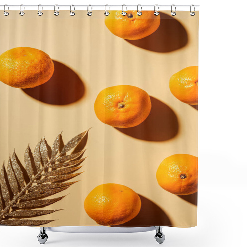 Personality  Top View Of Tangerines And Golden Twig On Beige Backdrop Shower Curtains