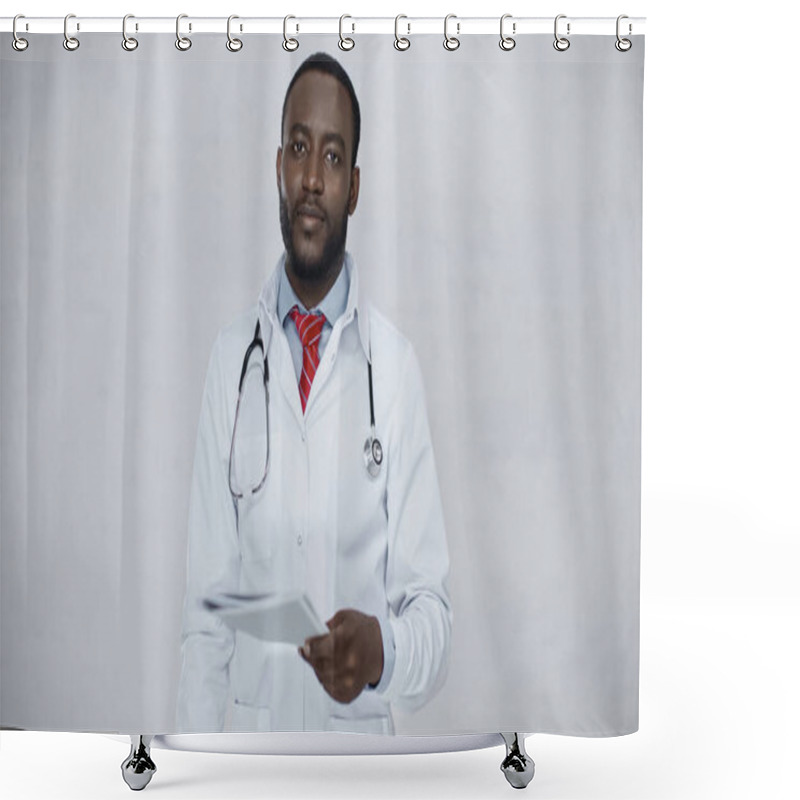 Personality  Bearded African American Doctor Holding Folder Isolated On Grey Shower Curtains