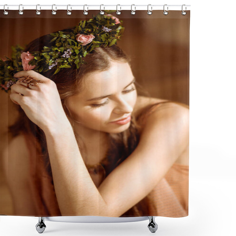 Personality  Young Woman In Floral Wreath Shower Curtains