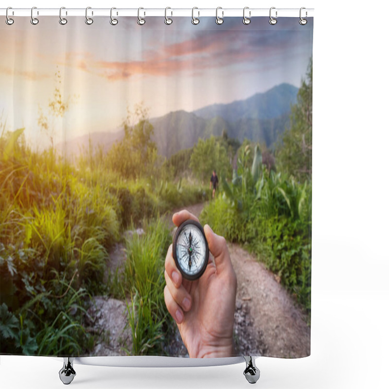 Personality  Hand With Compass In The Mountains Shower Curtains