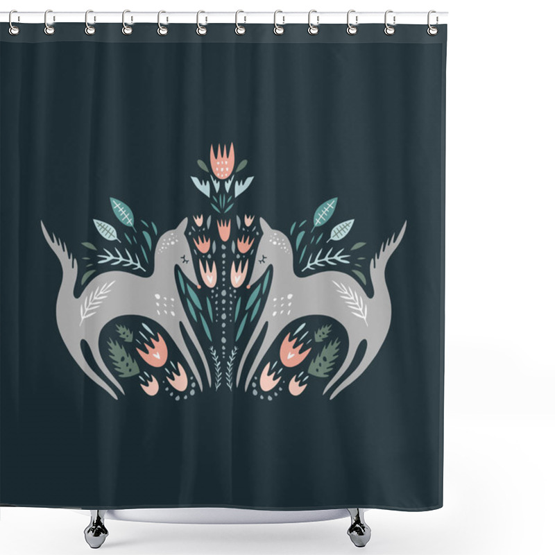 Personality  Cute Cartoon Wolves. Composition With Folk Art Animals And Floral Decor Elements. Hand Drawn Vector, Clip Art Shower Curtains