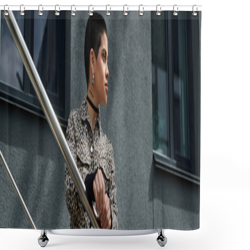 Personality  A Stylish Young Woman With Short Hair And A Leopard Print Jacket Stands On A Staircase Next To A Modern City Building. Shower Curtains