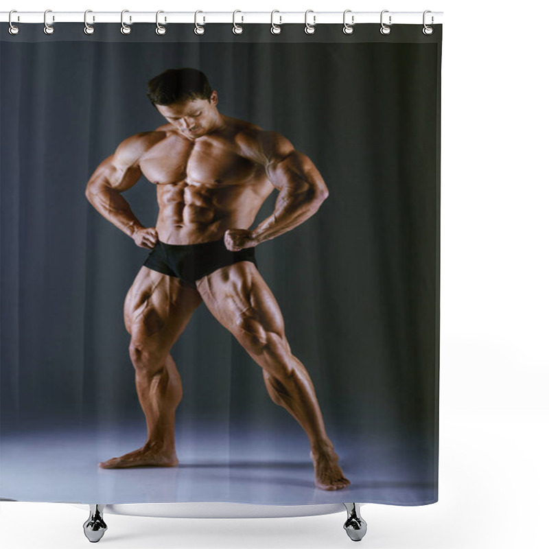 Personality  Bodybuilder Athlete Shows Muscles In The Studio On A Dark Background. Bodybuilder Posing. Bodybuilder Training Shower Curtains