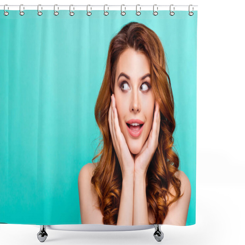 Personality  Advertising Concept. Portrait Of Young Funky Mood Woman With Ope Shower Curtains