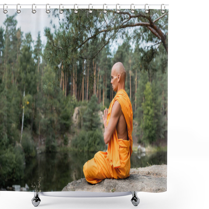 Personality  Buddhist Monk In Orange Kasaya Meditating In Lotus Pose With Praying Hands Near Forest Lake Shower Curtains