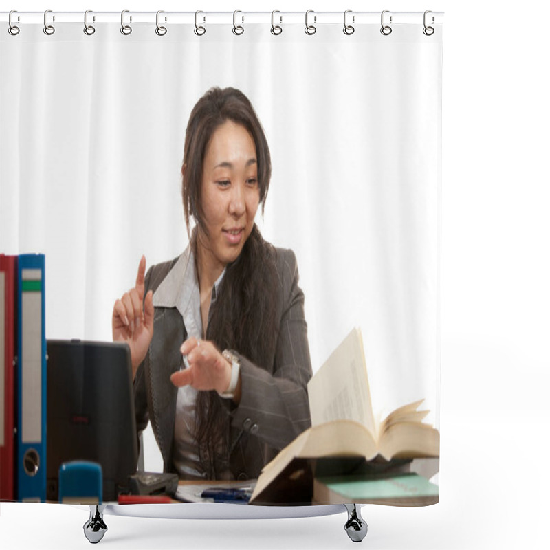 Personality  Woman At The Desk With Laptop Shower Curtains