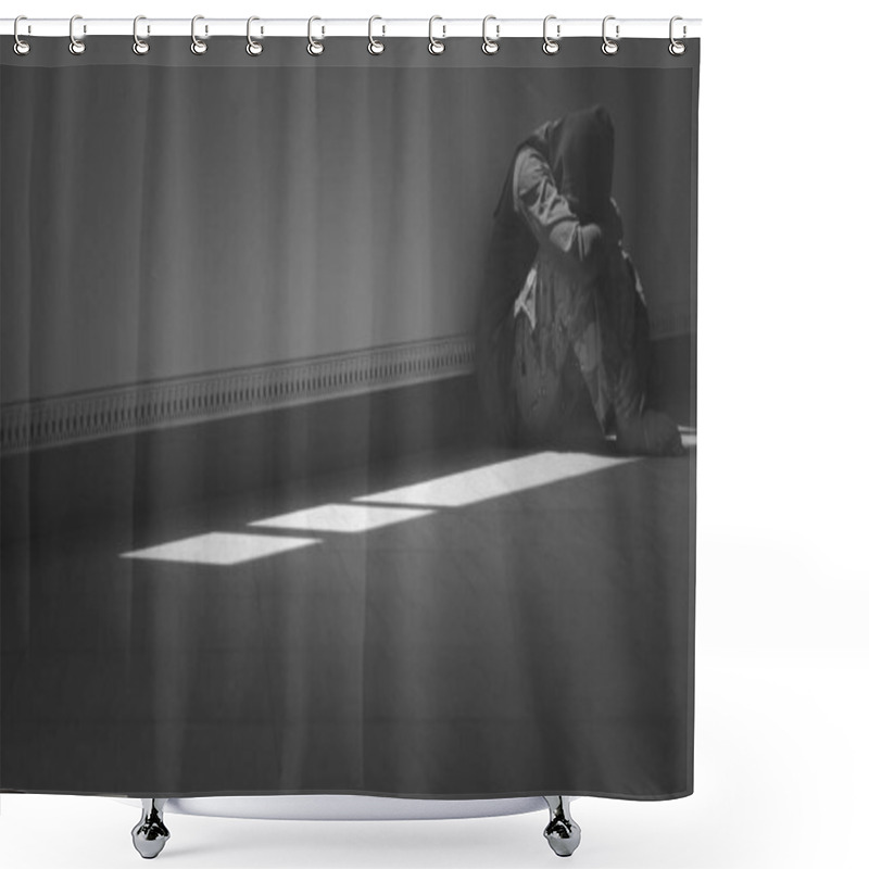 Personality  Side View Of Hopeless Man Sitting Alone With Hugging His Knees On The Floor In The Corner Of Room In Dark Tone And Black And White Style Shower Curtains