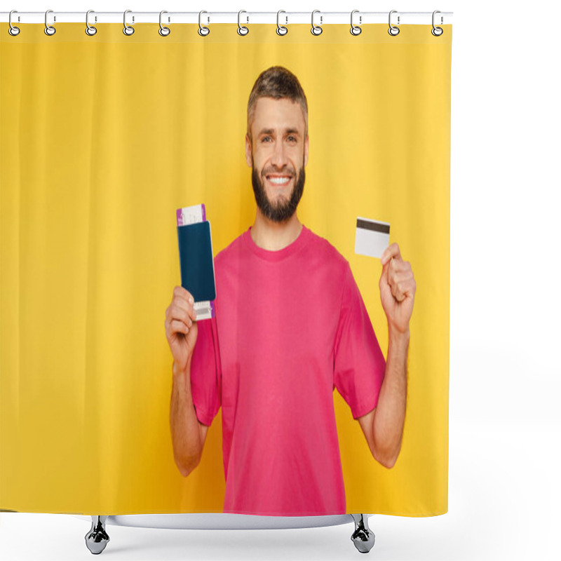 Personality  Happy Bearded Guy In Pink T-shirt With Credit Card And Passport On Yellow Shower Curtains