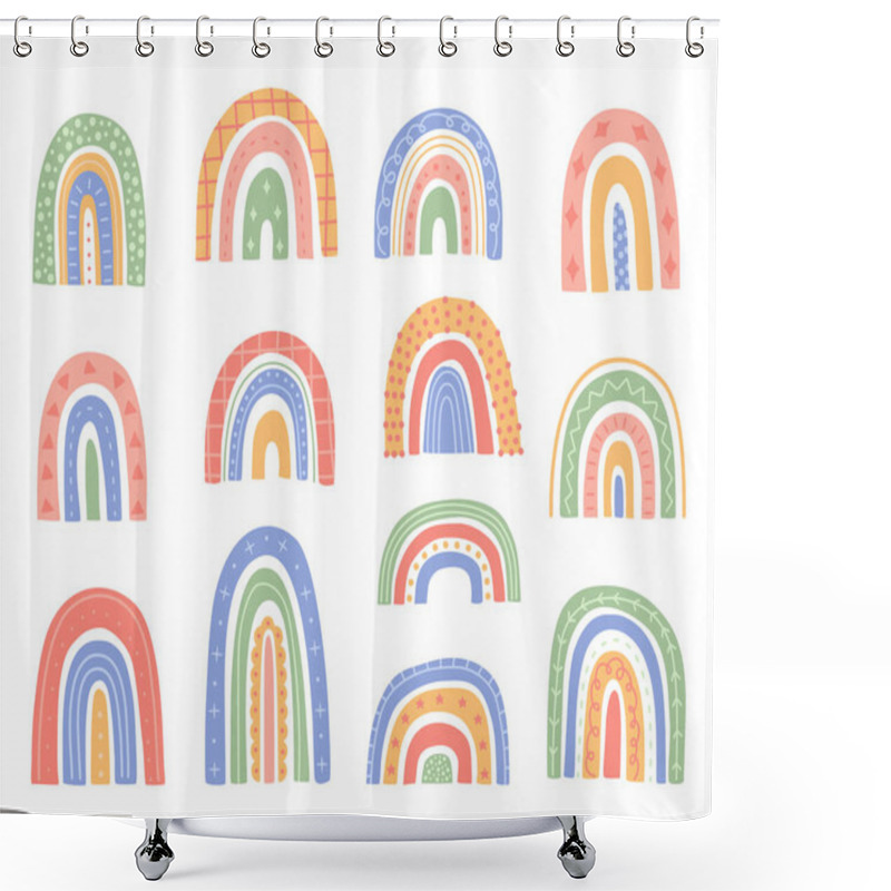 Personality  Cute Rainbow Set, Abstract Shapes With Ornaments, Hand Drawn Elements In Modern Trendy Doodle Cartoon Style. Minimalist Scandinavian Clip Art. Vector Illustration Collection Isolated White Background Shower Curtains