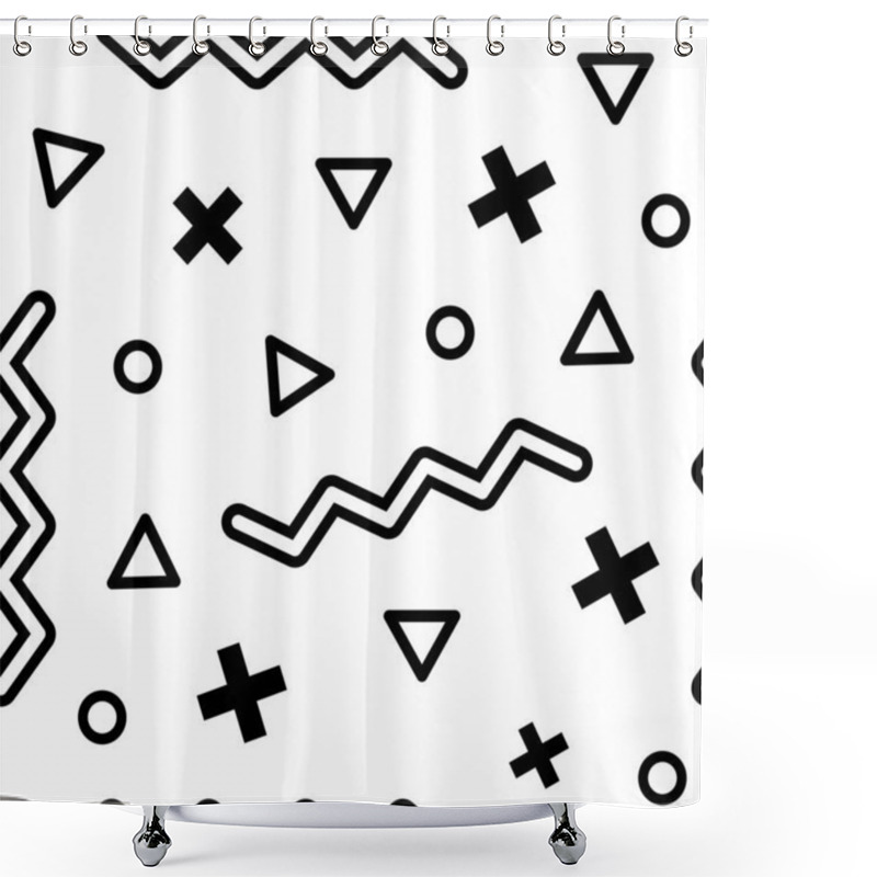 Personality  Black Geometric Shapes Including Plus Signs, Triangles, Circles And Zigzag Lines Create A Dynamic And Modern Seamless Pattern On A White Background, Evoking A Retro 80s Or 90s Aesthetic Shower Curtains