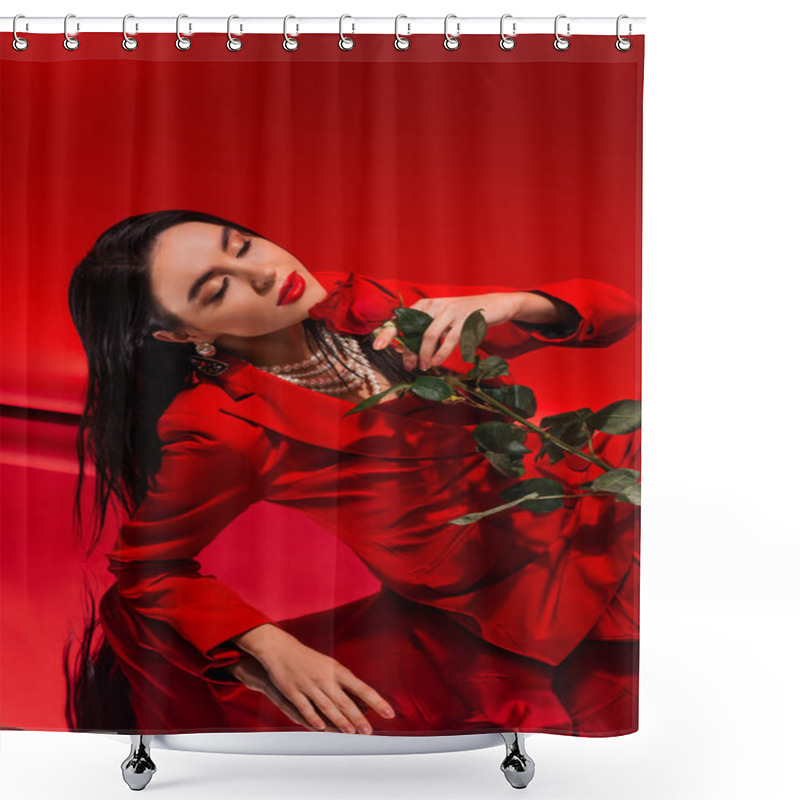 Personality  Young Woman In Jacket And Pearl Necklace Holding Rose And Closing Eyes On Red Background  Shower Curtains