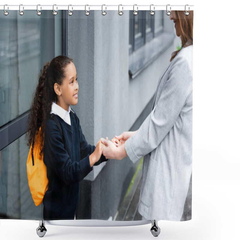 Personality  Cropped View Of Woman Holding Hands Of Happy, Adopted African American Daughter Going To School Shower Curtains