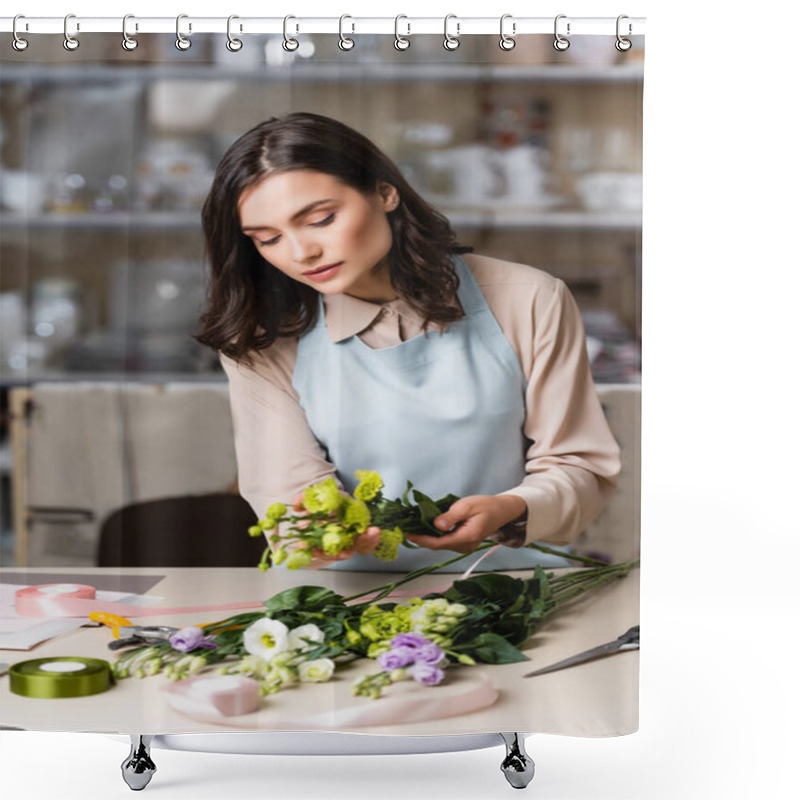 Personality  Young Florist Arranging Bouquet With Eustoma Flowers Near Decorative Ribbon On Blurred Foreground Shower Curtains