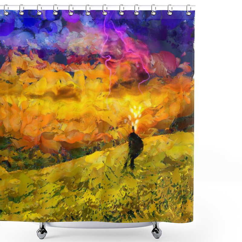 Personality  Surreal Painting. Businessman Stands In Field, Light Bulbs Around His Head Symbolizes Ideas. Shower Curtains