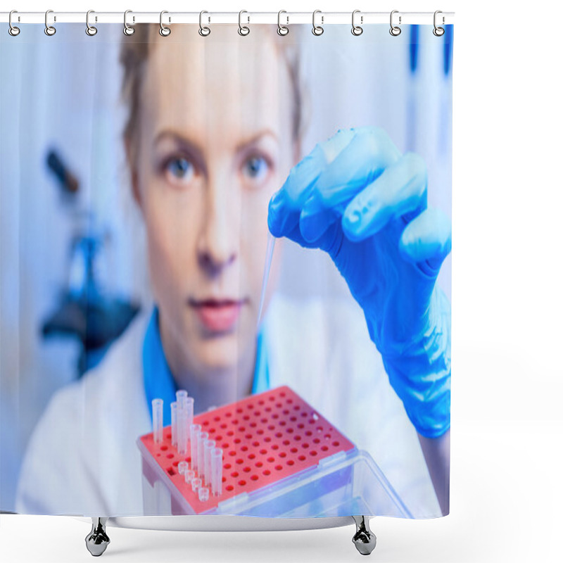 Personality  Closeup Of Woman Scientist Chemist Doing Analysis, Working With Test Tubes In Modern Laboratory Shower Curtains