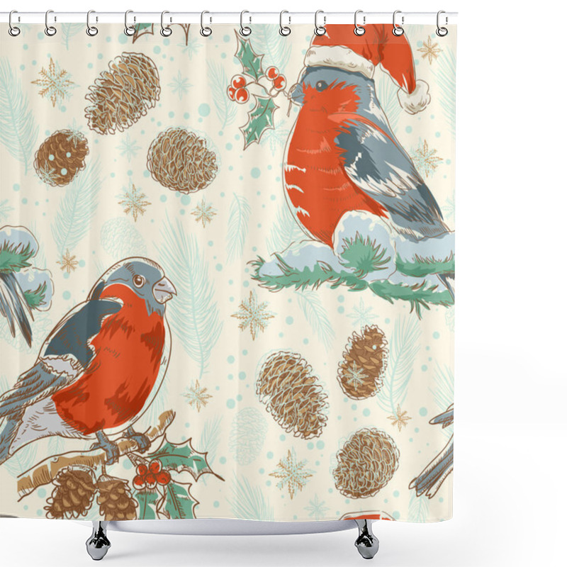 Personality  Christmas Seamless Retro Background With Bullfinch Bird Shower Curtains