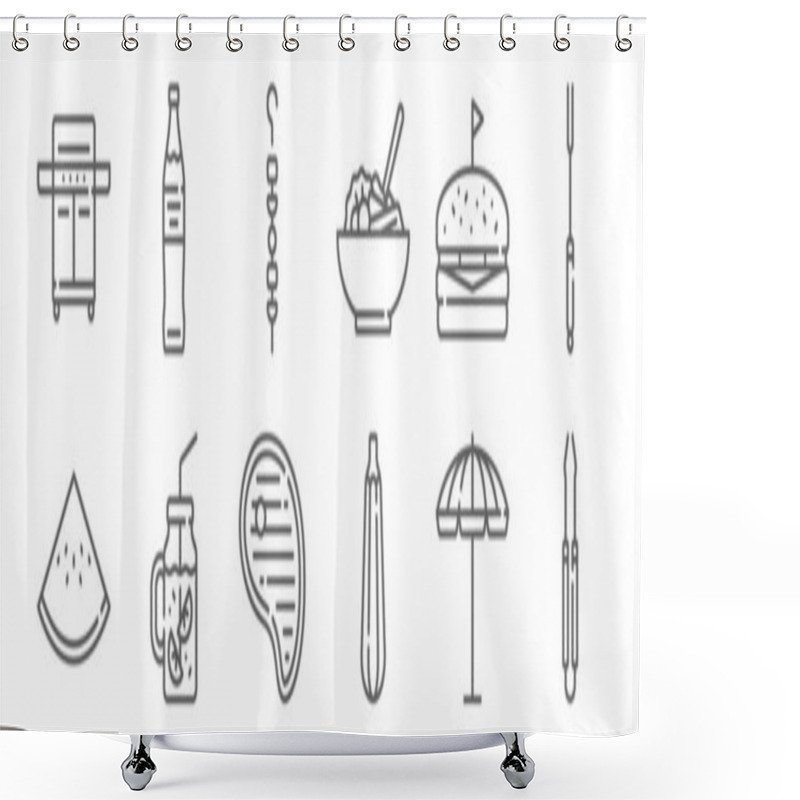 Personality  Set Of 12 Barbecue Icons. Outline Thin Line Icons Such As Pincers, Courgette, Lemonade, Hamburger, Skewer, Soda Shower Curtains