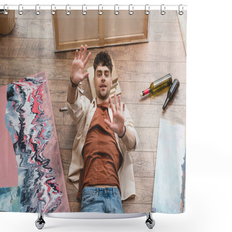 Personality  Overhead View Artist Lying On Wooden Floor With Stretched Hands Shower Curtains