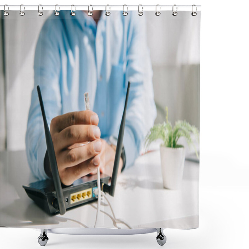 Personality  Selective Focus Of Businessman Holding Wire With Connector Near Router Shower Curtains