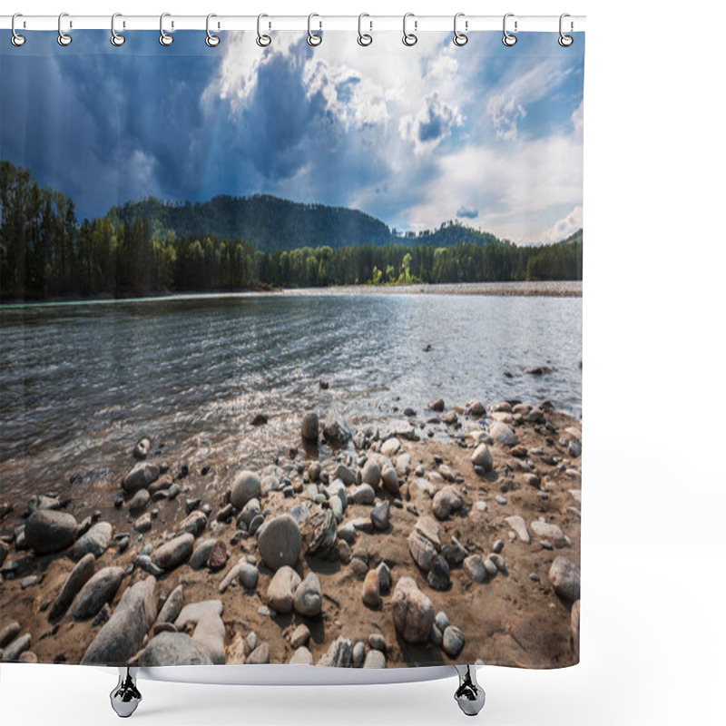 Personality  The Coast Of The River Katun With Bared Rounded Stones. Mountain Altai, Southern Siberia, Russia Shower Curtains