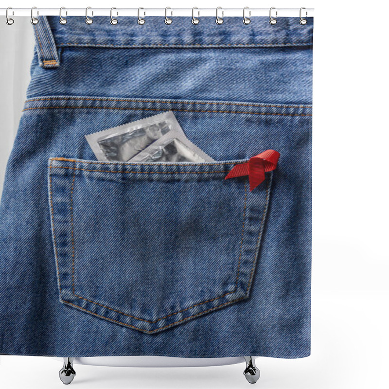 Personality  Aids Awareness Red Ribbon And Silver Condoms In Pocket Of Blue Jeans Shower Curtains