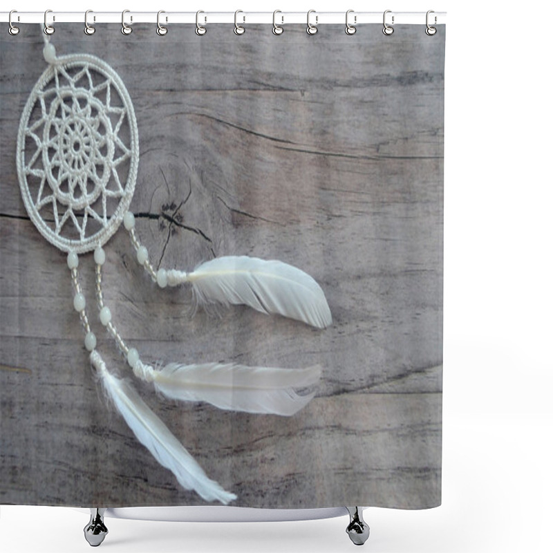 Personality  Dreamcatcher On A Shabby Wooden Background. Ethnic Design, Boho Style, Tribal Symbol. Shower Curtains