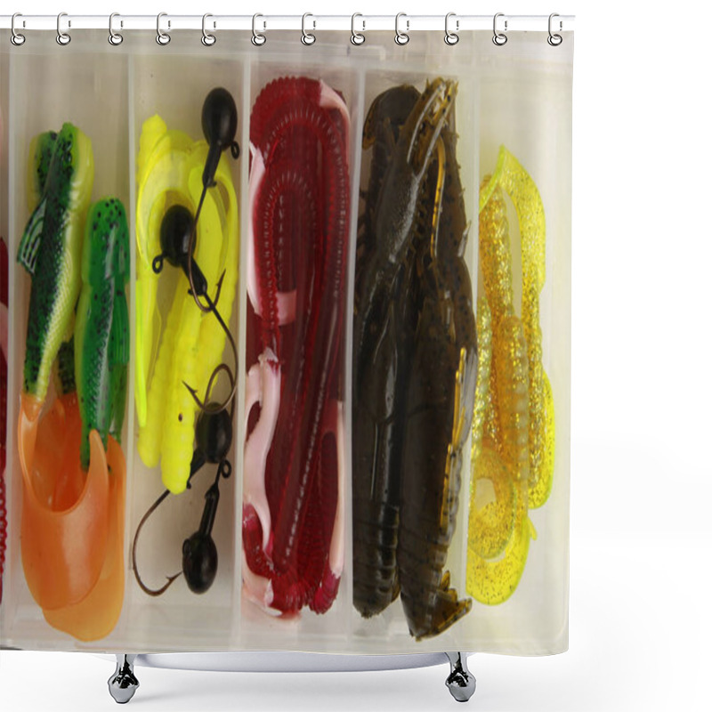 Personality  Various Rubber Fishing Lures And Accessories In The Box Shower Curtains