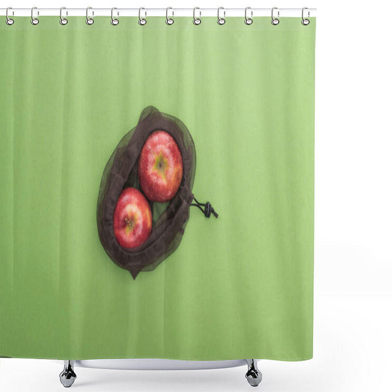 Personality  Top View Of Red Ripe Apples In Eco Friendly Bag Isolated On Green Shower Curtains