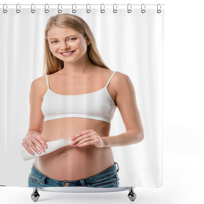 Personality  Beautiful Pregnant Woman In White Bra Holding Lotion Bottle Isolated On White Shower Curtains