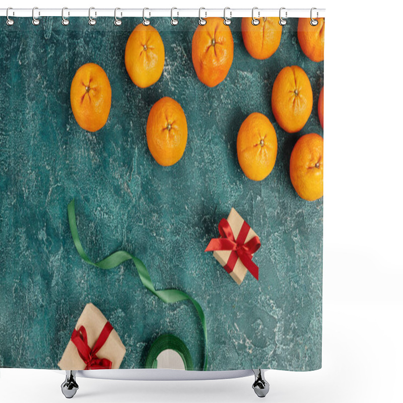 Personality  Decorated Gift Boxes Near Fresh Mandarins And Ribbon On Blue Textured Surface, Christmas Still Life Shower Curtains