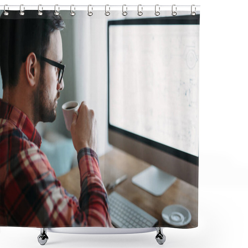 Personality  Young Attractive Designer Working On Project At Home Shower Curtains