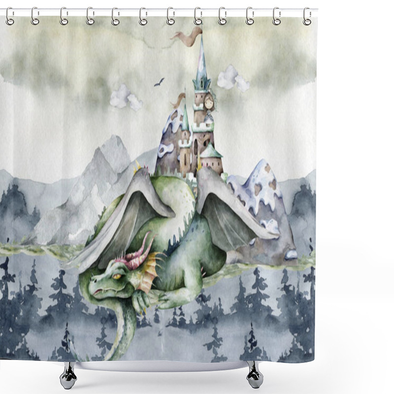 Personality  Knight And Flying Dragon Around Castle. Cartoon Hand Drawn Illustration On White Background Shower Curtains