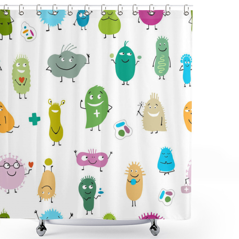 Personality  Funny And Scary Bacteria Characters. Vector Seamless Background Of Gut And Intestinal Flora, Germs, Virus. Shower Curtains